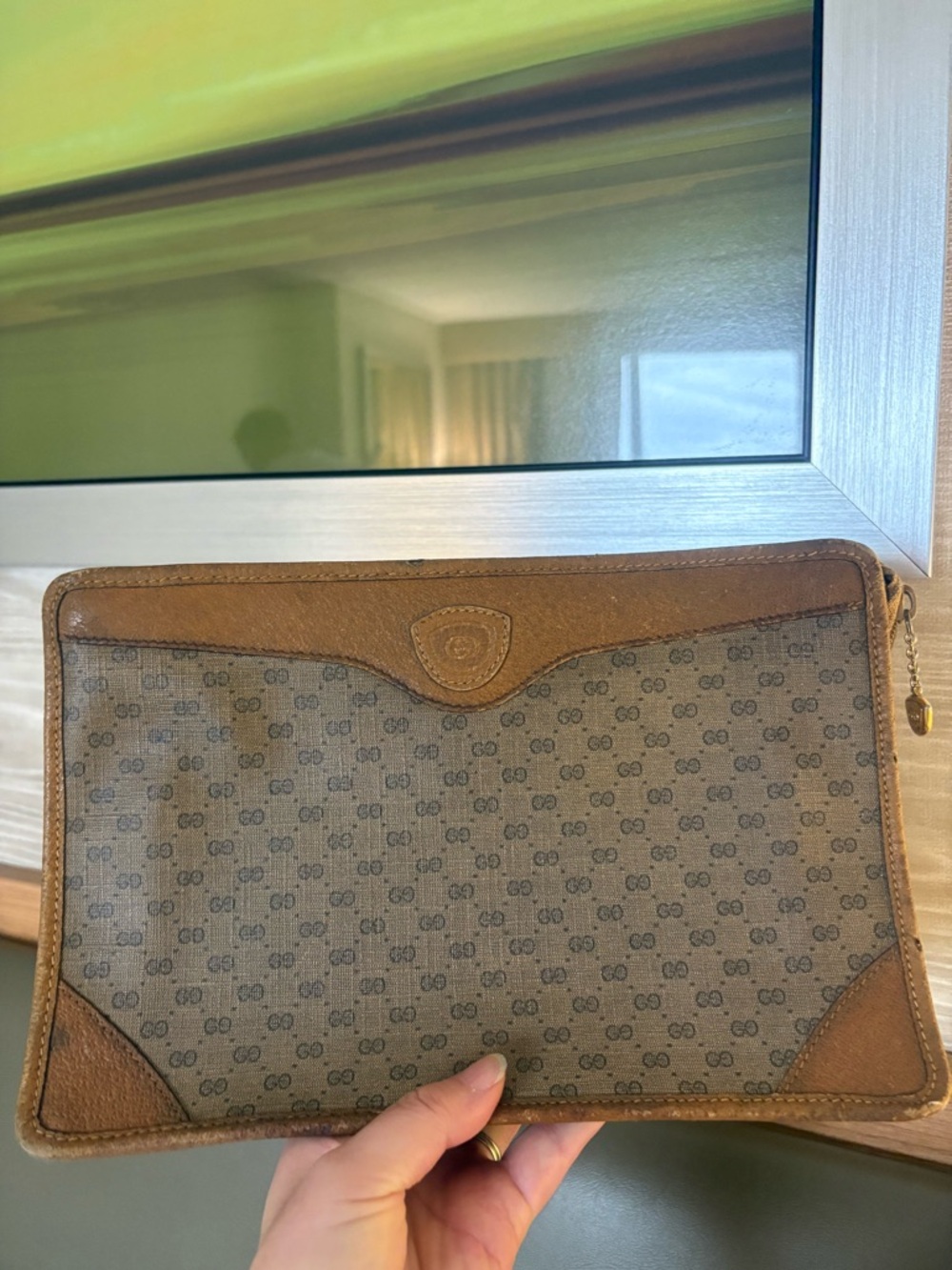 Auth GUCCI Micro GG Pattern Clutch Bag PVC Leather Brown Logo Hardware Vintage